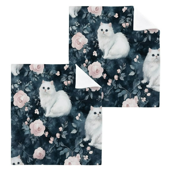 BZSMCE Towel Cotton Face Towel Soft Hand Towels Fashion Enchanted White Cats and Roses Pattern