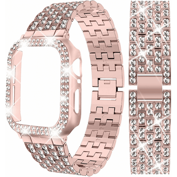 XIHAMA Compatible Apple Watch Band with Case Series iwatch6/5/4/3/2/1, Bling Full Diamond Rhinestone Women Girl Jewelry Dressy Crystal Replacement Adjustable Band for Watch Band, Rosepink(44mm)