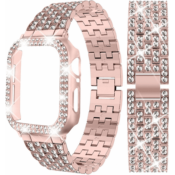 XIHAMA Compatible Apple Watch Band with Case Series iwatch6/5/4/3/2/1, Bling Full Diamond Rhinestone Women Girl Jewelry Dressy Crystal Replacement Adjustable Band for Watch Band, Rosepink(40mm)