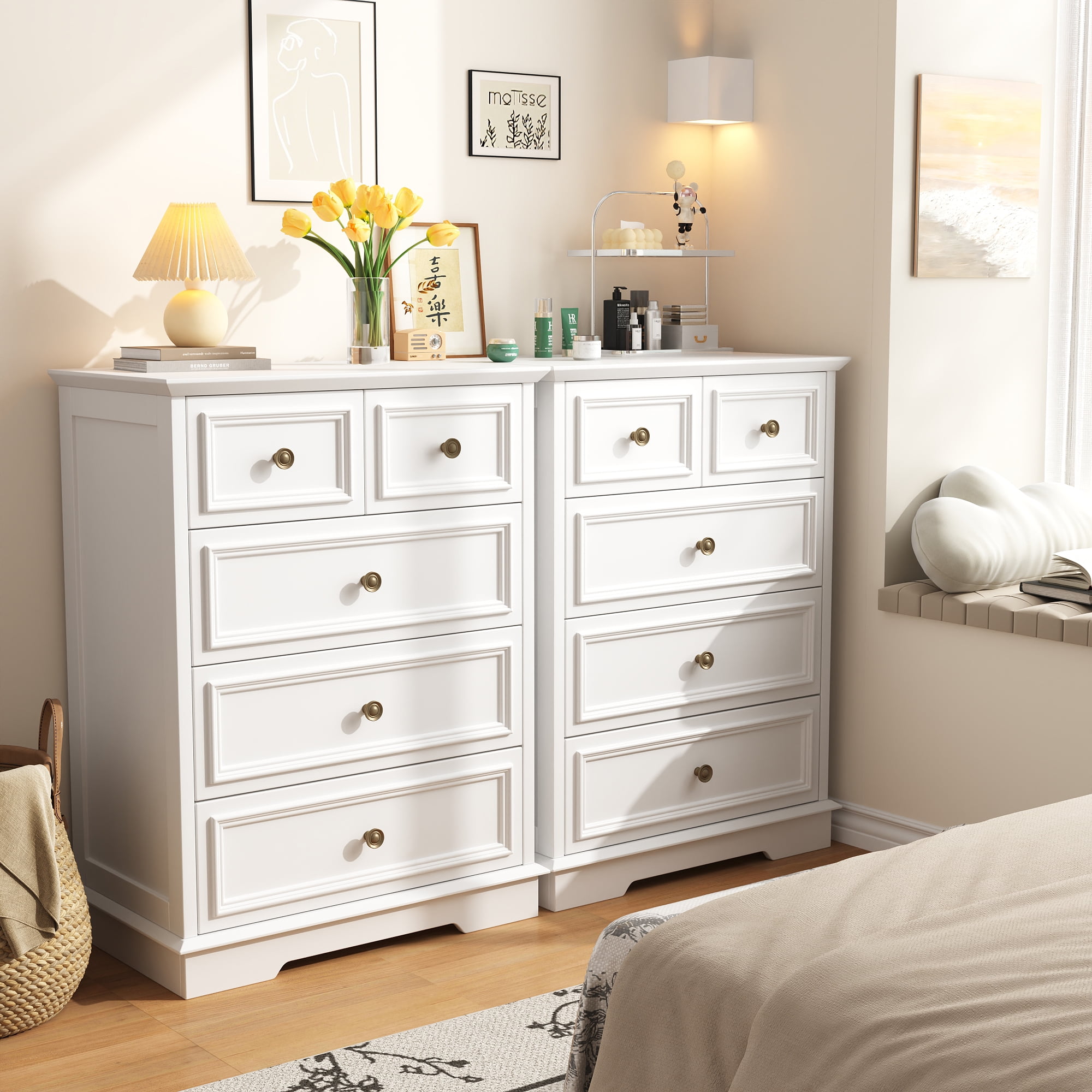 NEGYLIM White 5 Drawer Dresser for Bedroom, Rustic Chest of Drawers, Wood Storage Cabinet Organizer with Antique Bronze Round Handles for Living Room,Entryway, Small Spaces