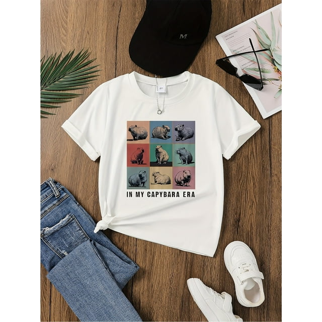Girls' Casual Capybara Graphic Tee - Soft & Comfortable Short Sleeve T-Shirt in Vibrant Colors (Purple, Orange, Pink, Green, Blue) - Perfect for Summer Fun, Capybara T Shirt