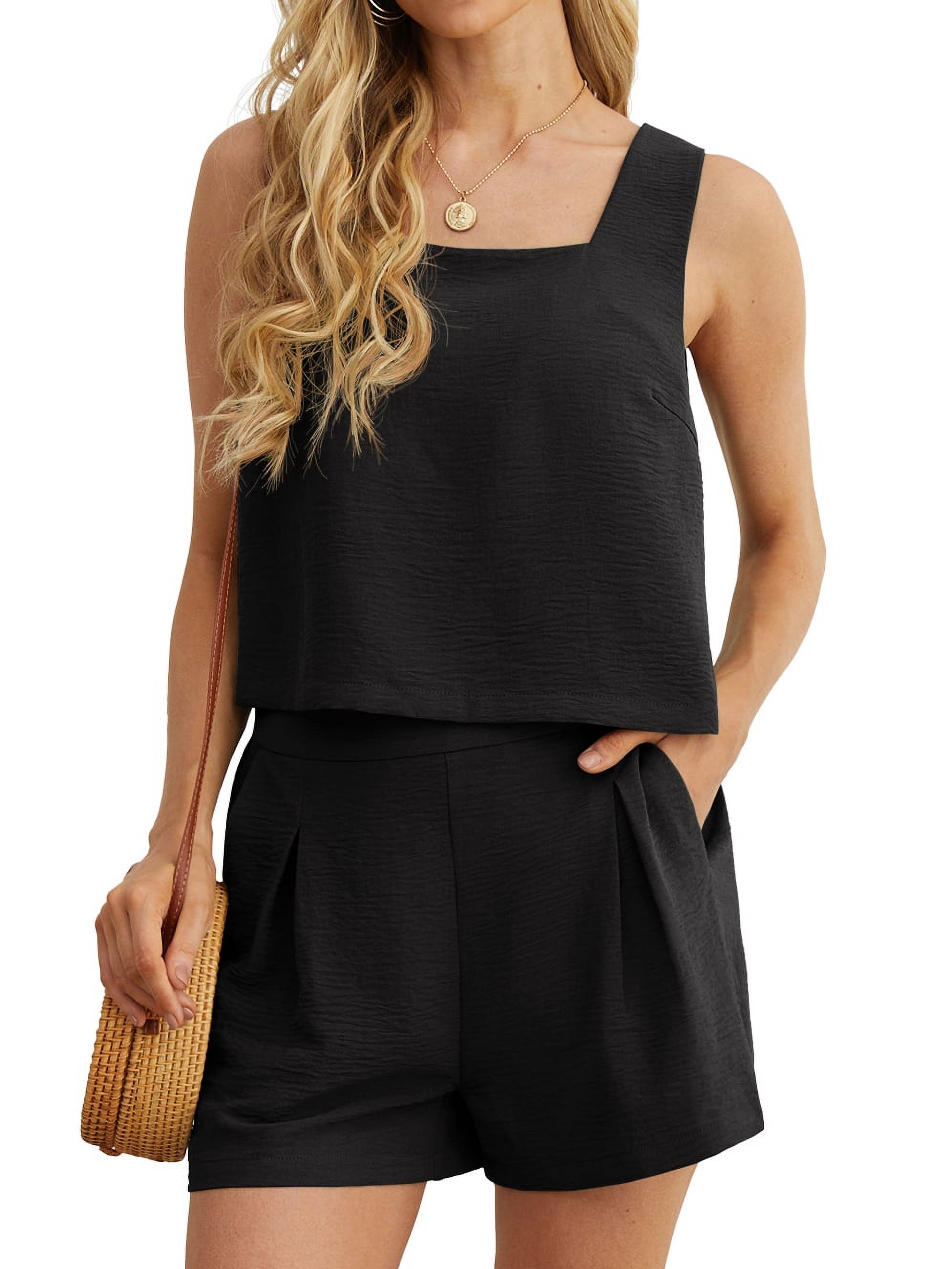JWD Women's Summer Top and Shorts Casual Set, Square Neck, Sleeveless, Black, Size S