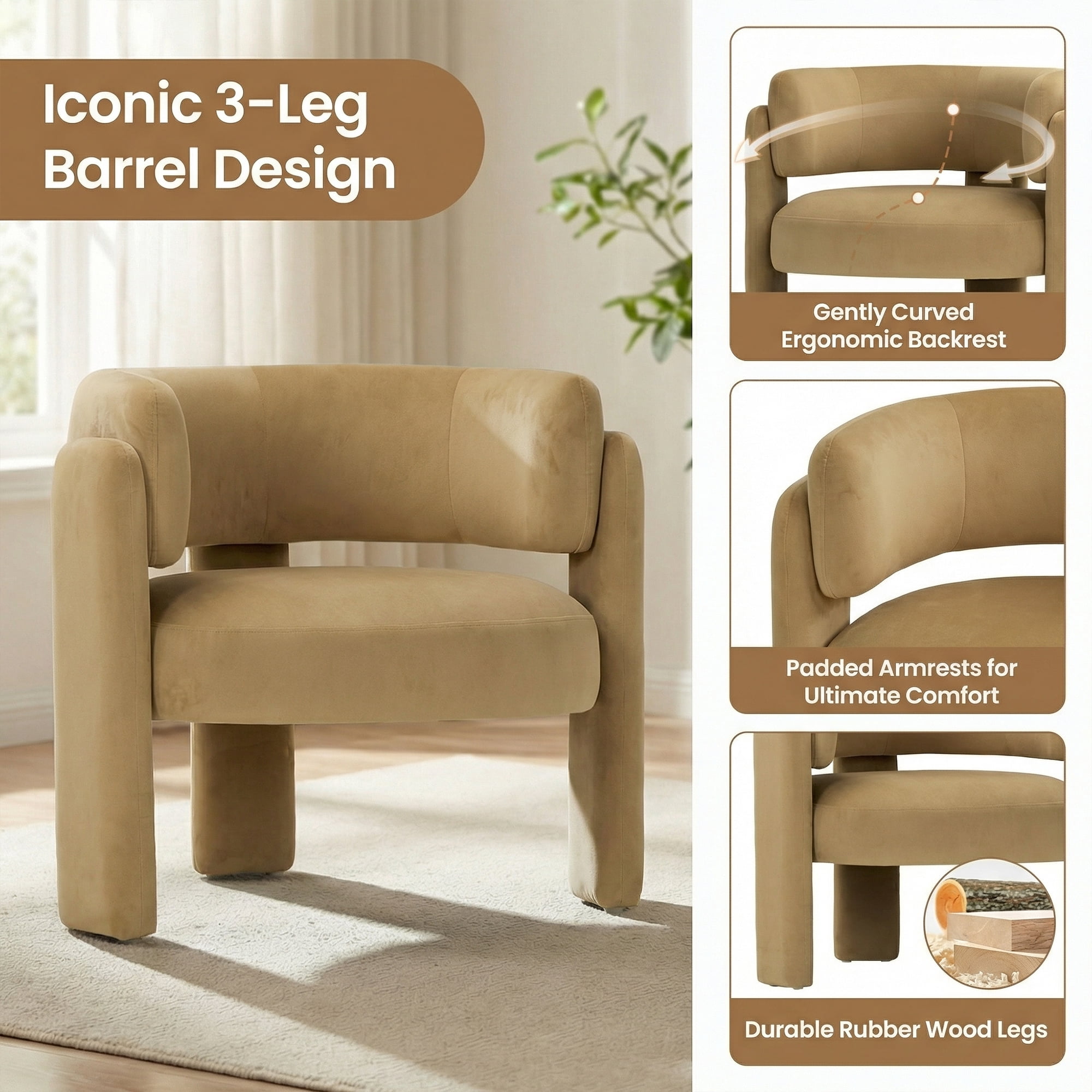 AFO Modern Upholstered Dining Chair, Cute Barrel Side Armchair with Round Back for Living Room Dining Room Bedroom, Khaki