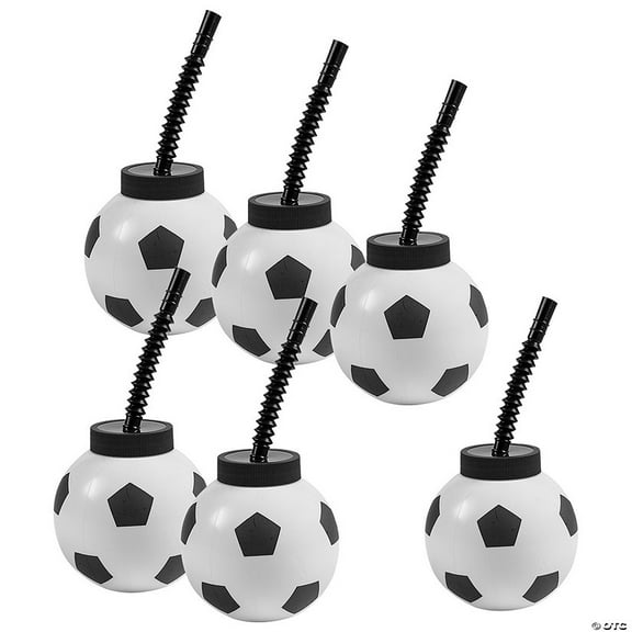 Fun Express 3 3/4" 14 oz. Bulk 60 Count Soccer Ball Reusable Plastic Cups with Lids & Straws