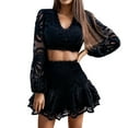 thumbnail image 1 of Conjunto de dos piezas de encaje para mujer: top de manga larga y pantalones cortos, tallas S-XXL, cuello en V, bordado calado, informal/moda, 1 of 5