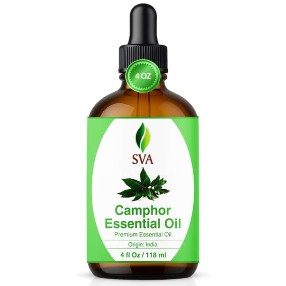 SVA Camphor Essential Oil – 4 Fl Oz – 100% Natural Camphor Oil - for Diffuser, Hair Care, Face, Skin Care, Aromatherapy, Scalp and Body Massage, Soap and Candle Making – with Dropper