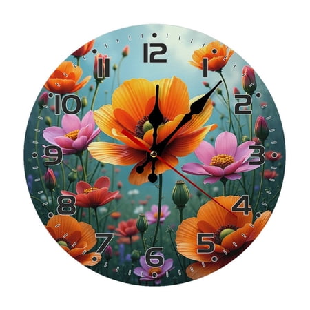 Flowers Orange Wall Clock 10 Inch Silent Non Ticking Round Wooden Clock Decoration for Living Room Kitchen Bedroom Bathroom Office Classroom