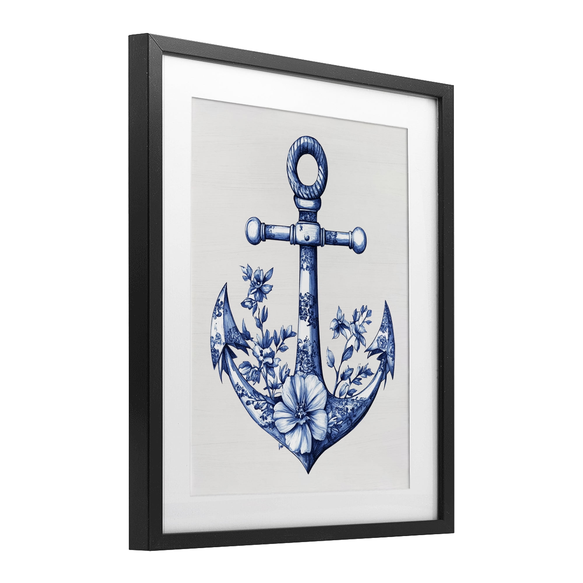 Toile Patterned Anchor Black Framed Print Under Glass, design by Lettered and Lined