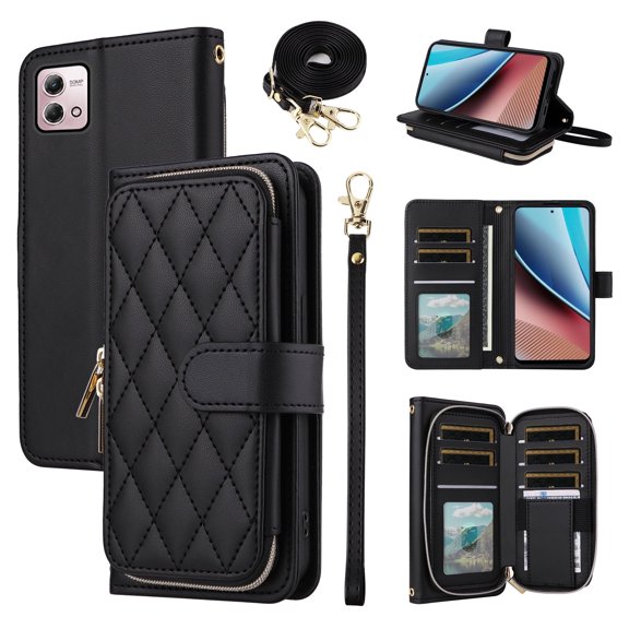 Furiet Argyle Wallet Case for Motorola Moto G Stylus 4G 2023 with Wrist/Shoulder Strap Card Slot Zipper Purse Luxury PU Leather Card Holder Stand Phone Cover for GStylus XT2317-1 XT2317-2 Black
