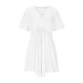 thumbnail image 5 of NXMZXB Womens Spring Summer Dresses 2025 Casual Solid Color Tunic Dress Short Sleeve Button V Neck Flowy Swing Mini Shift Dress with Pockets White M, 5 of 10