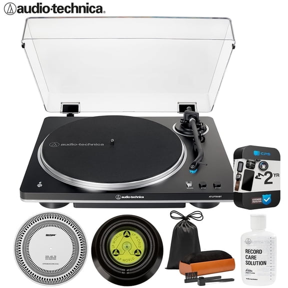 Audio-Technica AT-LP70XBT-BS Automatic Wireless Belt-Drive Turntable, Black/Silver Bundle with 2 YR CPS Extended Warranty, Record Care Solution, Cleaning Kit, Stroboscope and Record Stabilizer