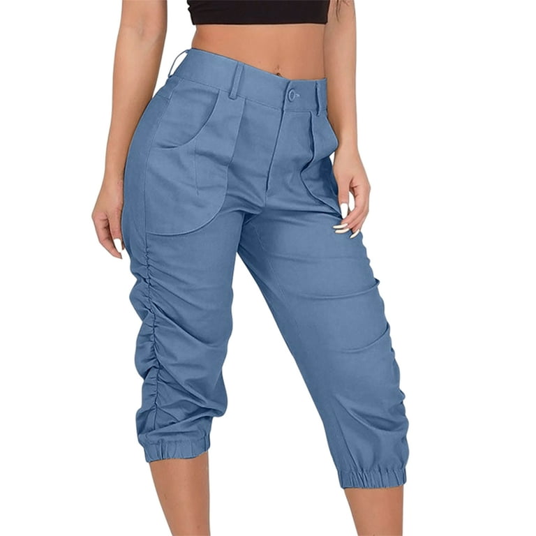 Frontwalk Beach Crop Pants Women High Waist Drawstring Casual Cargo Pants  Summer Holiday Capris Pants with Pockets S-3XL 
