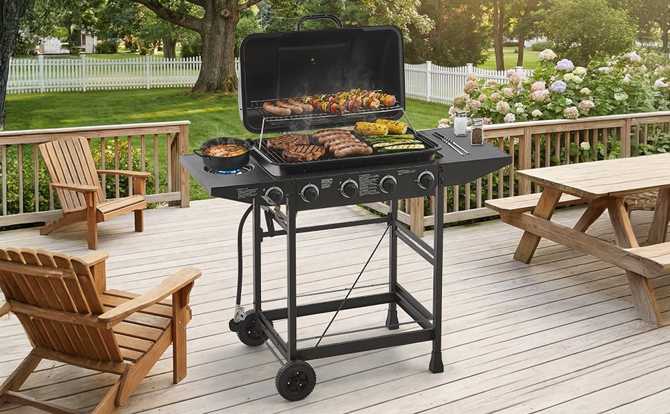 YIYADO 4 Burner BBQ Propane Gas Grill, Stainless Steel Grill with Enamel Coated Grate and Side Table, 42000 BTU, Black