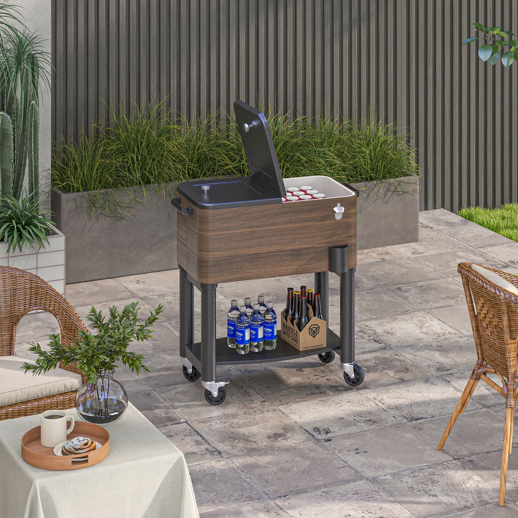 Outsunny Patio Cooler Cart with Bottle Opener 60 Qt. Rolling Ice Chest