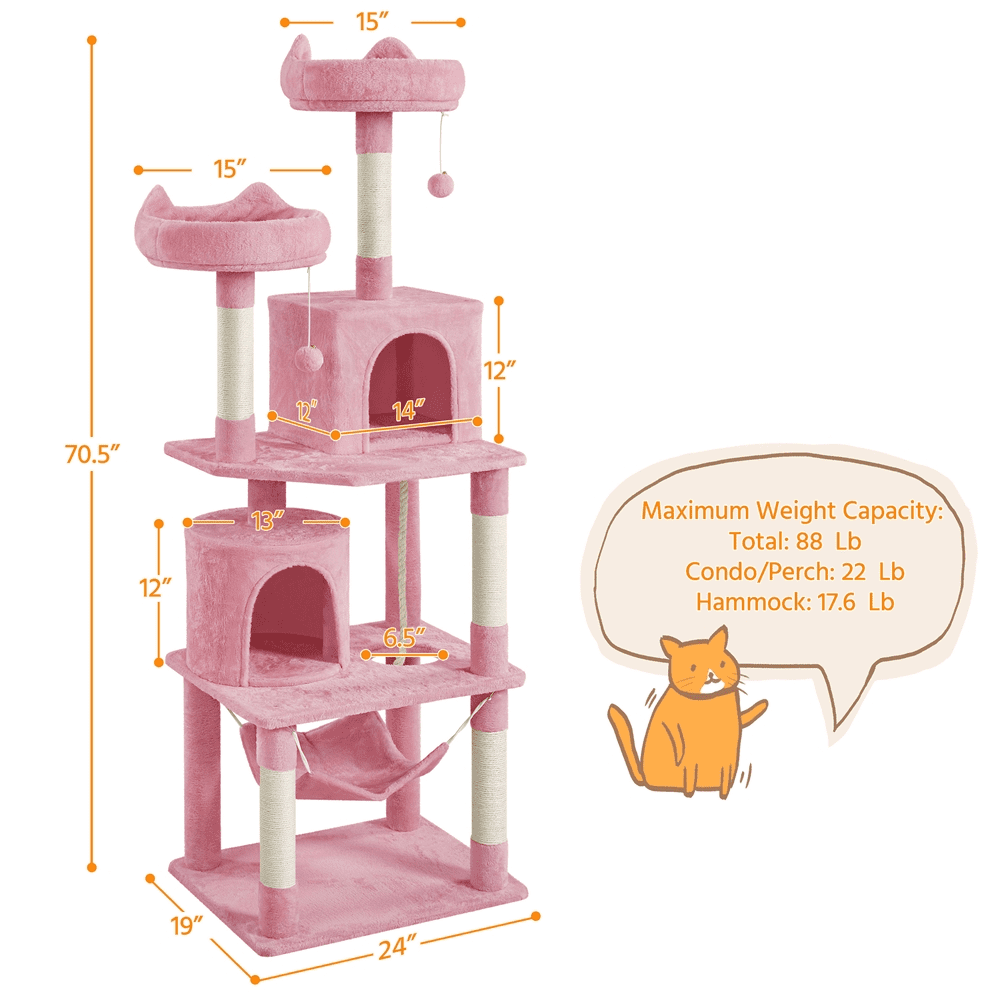 Alden Design 70″ H Multi Level Cat Tree Tower with 2 Foam-Padded Perches, Pink