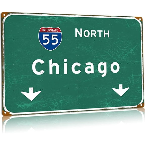 Vintage Metal Tin Signs Chicago City Street Sign North Interstate 55 Highway Directional Sign Airport Bar Cafe Wall Art Decor 16x24 Inch
