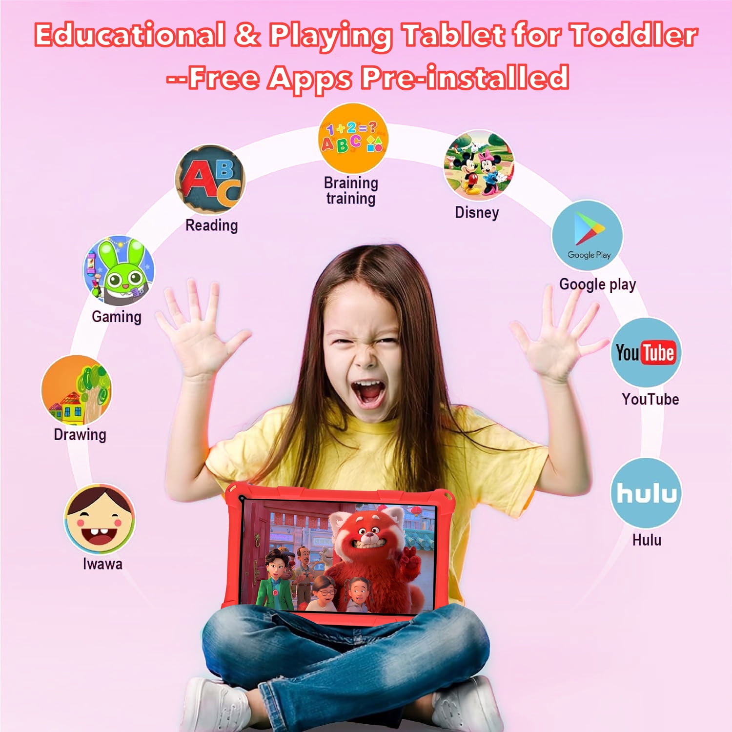 Thunrlge Kids Tablet, 7-Inch Kids Tablet, Android Tablet, 3+5 RAM 64GB ROM (TF CARD 256GB) Google Certified, Kids Software Pre-Installed, WiFi, Shockproof Case, Gift for kids, (Red)