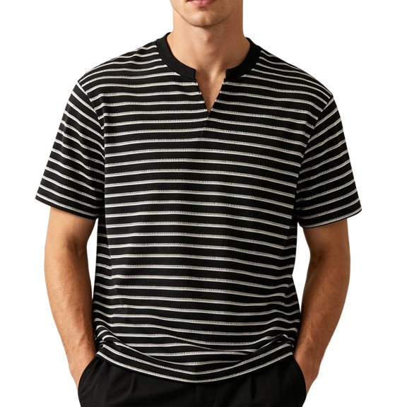 Bibifish Mens T-Shirts Horizontal Stripe Pattern Print Tee Tops Notched Collar Daily Wear Tees