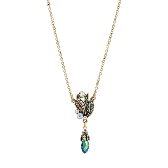 1928 Jewelry Peacock Plumage Art Nouveau Style Blue Iridescent AB Drop Pendant Necklace For Women 16" 3" Extender
