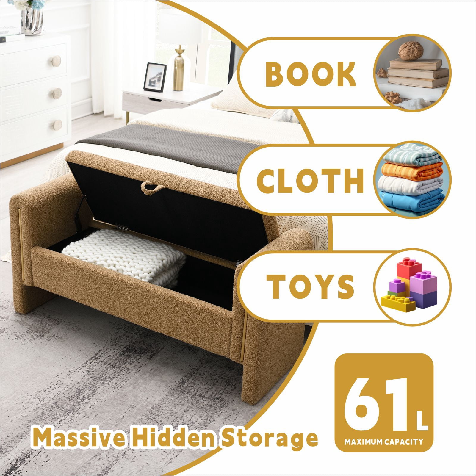 QianYueLUX 52" Storage Ottoman Bench with Armrests, Brown Teddy Fabric, 250lbs Capacity, Multi-Functional Footrest for Bedroom & Entryway