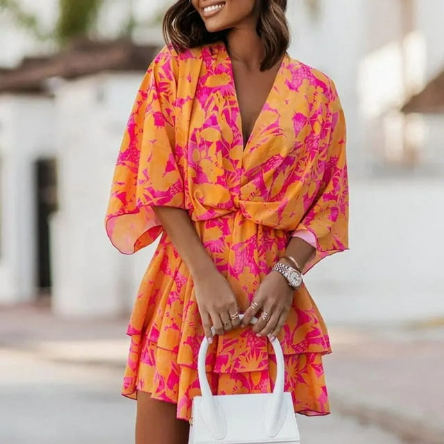 Women‘s Floral Print Mini Dress Pleated V Neck Drawstring Elastic Waist Ruffle Layered Mini Dress