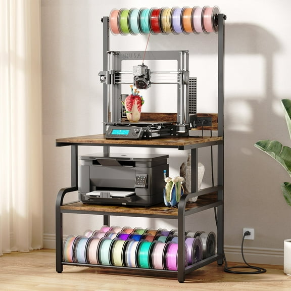 Homieasy 3D Printer Stand with Power Outlet, Rolling Printer Stand with Filament Storage, 3-Tier Printer Cart for Office, Workshop, Home, Or Garage, Brown
