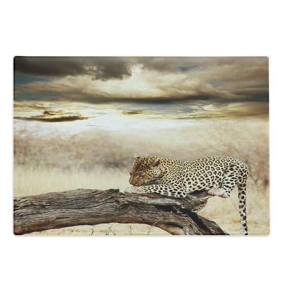 Safari Cutting Board, Leopard Resting Dramatic Cloudy Sky Safari Wild Cats Nature Picture, Decorative Tempered Glass Cutting and Serving Board, Large Size, Beige and Brown, by Ambesonne