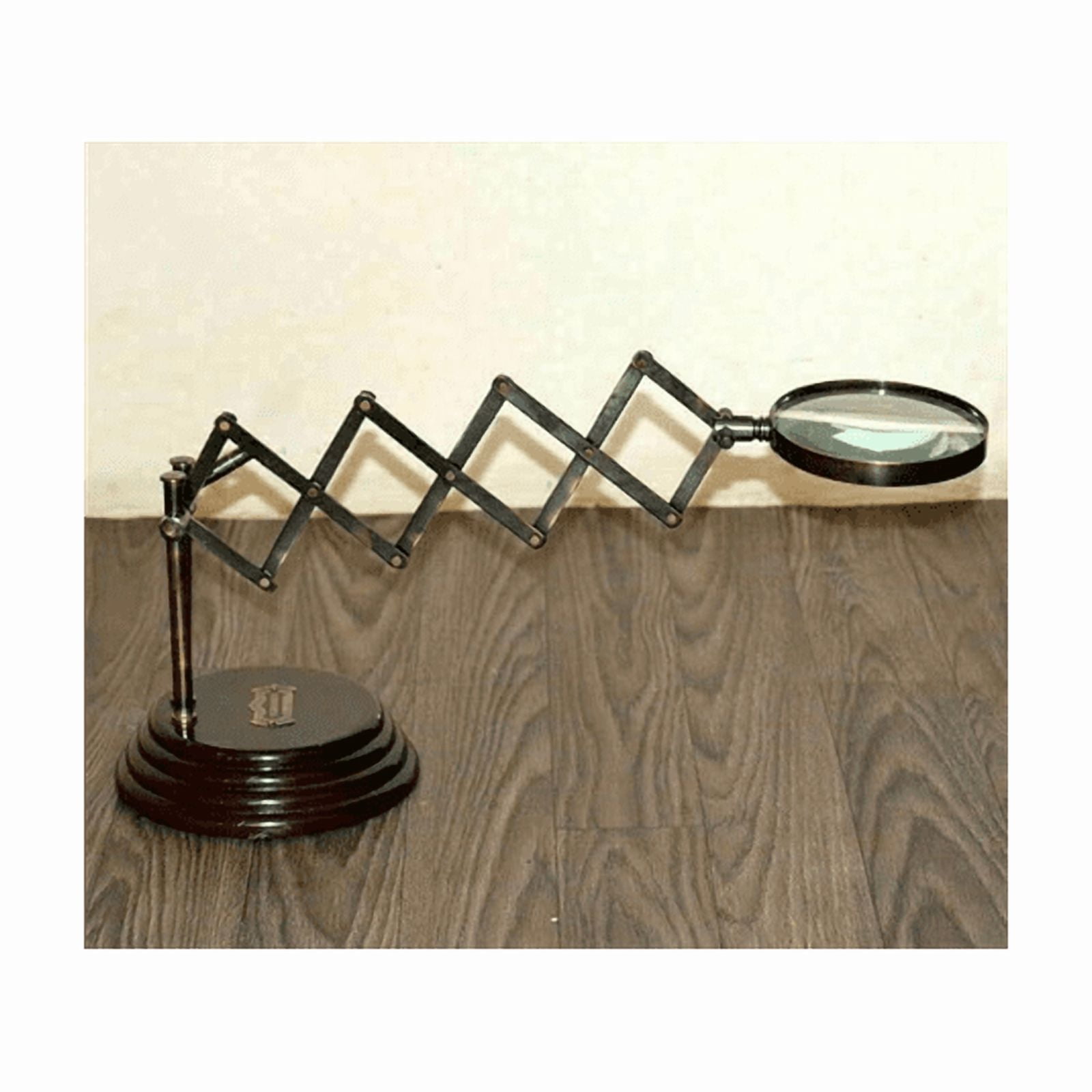 Vintage Antique Brass Desk Top Magnifying Glass Wooden Base Chainer Folding Gift
