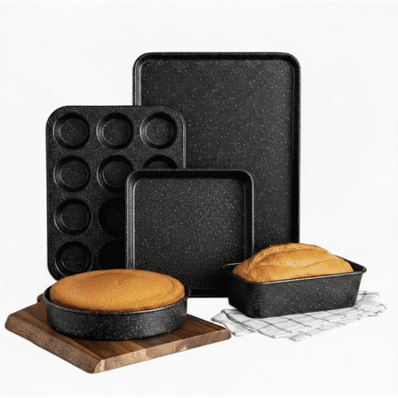 Granitestone Black Nonstick Bakeware Set, 5 Piece Baking Pans Set, Dishwasher Safe, No Warp & Even Heating, Oven Safe with Square & Round Baking Pan, Muffin and Loaf Pan & Baking Sheet