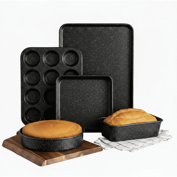 Granitestone Black Nonstick Bakeware Set, 5 Piece Baking Pans Set, Dishwasher Safe, No Warp & Even Heating, Oven Safe with Square & Round Baking Pan, Muffin and Loaf Pan & Baking Sheet