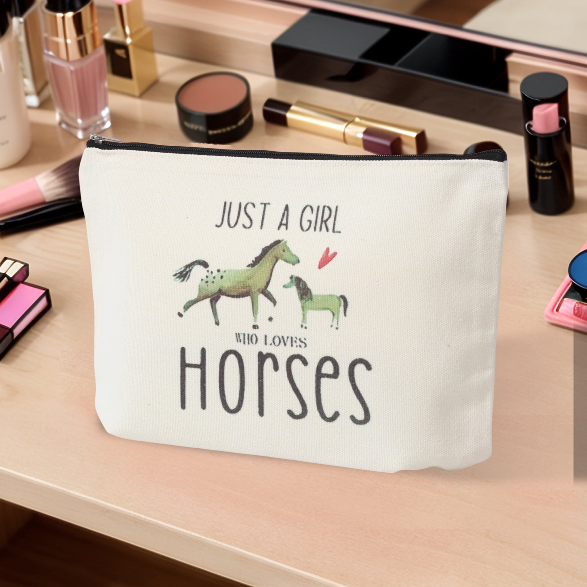 Unique Bargains 1 Pc Durable Horse Pattern Makeup Bag in Beige Color for Women and Teens