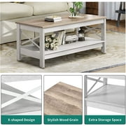 Dextrus Farmhouse Coffee Table 2-Tier Wood Center Table with Storage Shelf for Living Room, Gray, 39.7