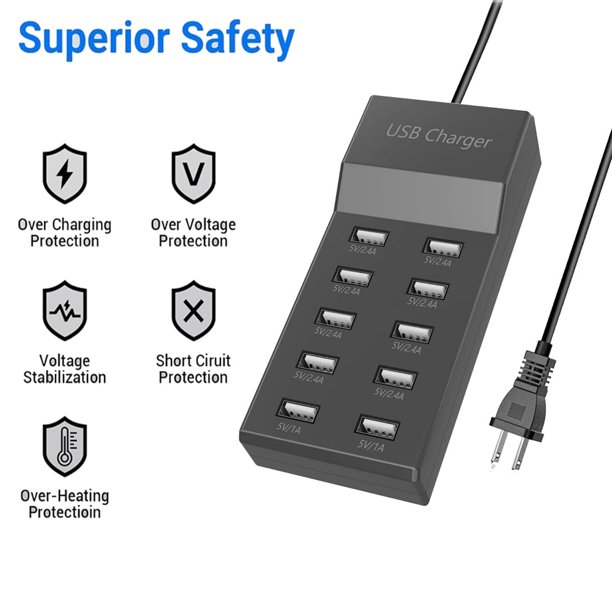 Cargador USB de 5 V, 10 A (50 W), estación de carga USB con 10 puertos USB inteligentes de tamaño familiar para múltiples dispositivos, como teléfonos inteligentes, tabletas, computadoras