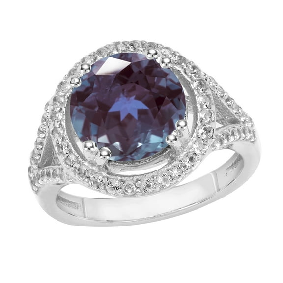 Sterling Silver with Color Changing Alexandrite and Natural White Topaz Halo Ring