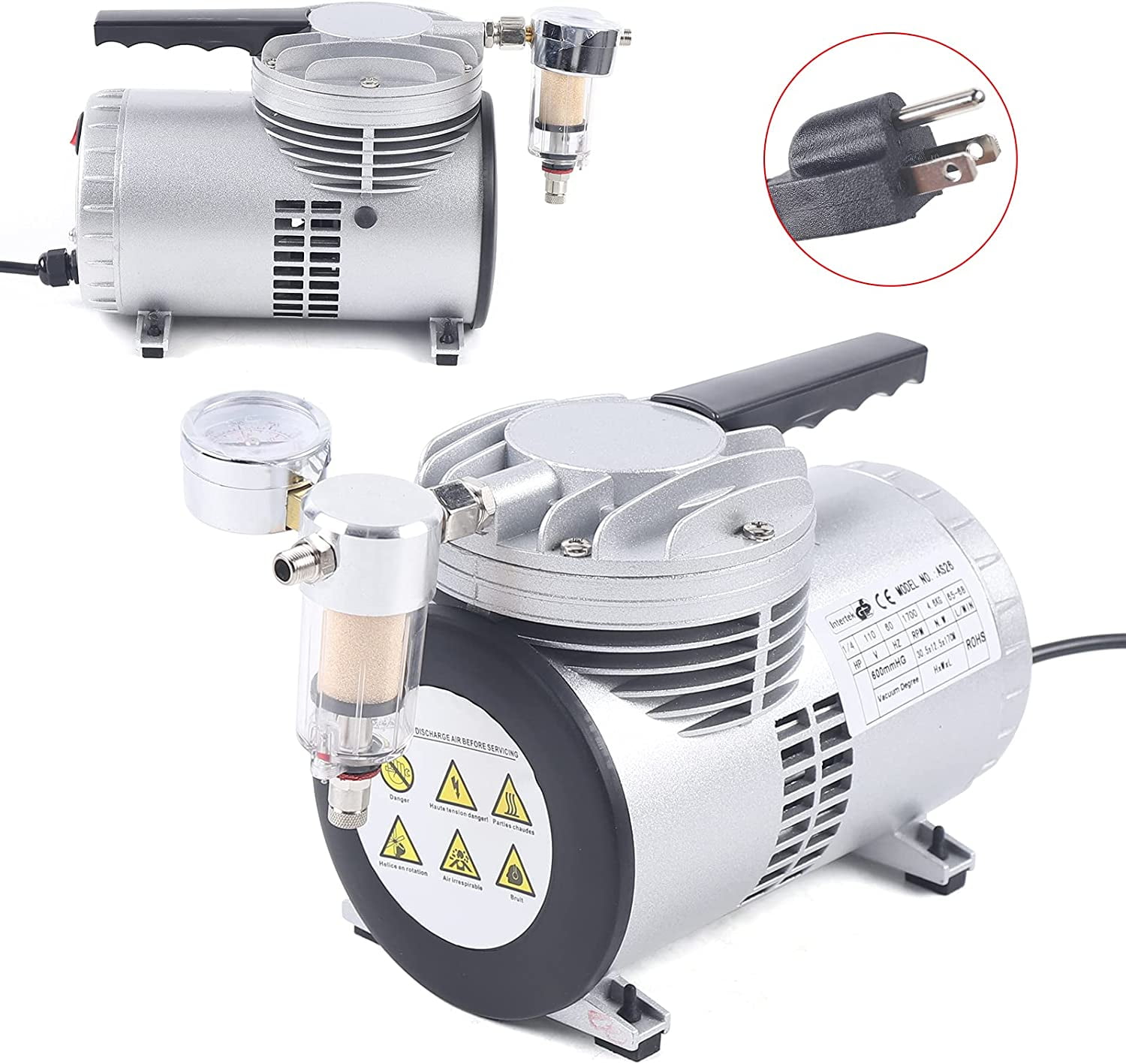 MONIPA Air Conditioning Vacuum Pump with Manual Valve Oil-Free Vacuum Pump Single Unit Rotary Vane Vacuum Pump, for Air Conditioning Maintenance, Food Packaging