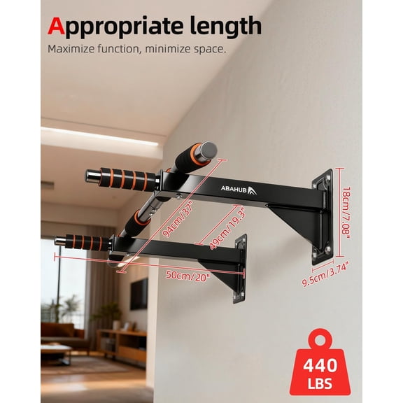 Wall Mounted Pull Up Bar, Multi-Grip Chin-Up Bar for Home Gym Workout, Drill-installed, Heavy-Duty & Stable Training Bar with 440lbs Capacity, Black-Orange