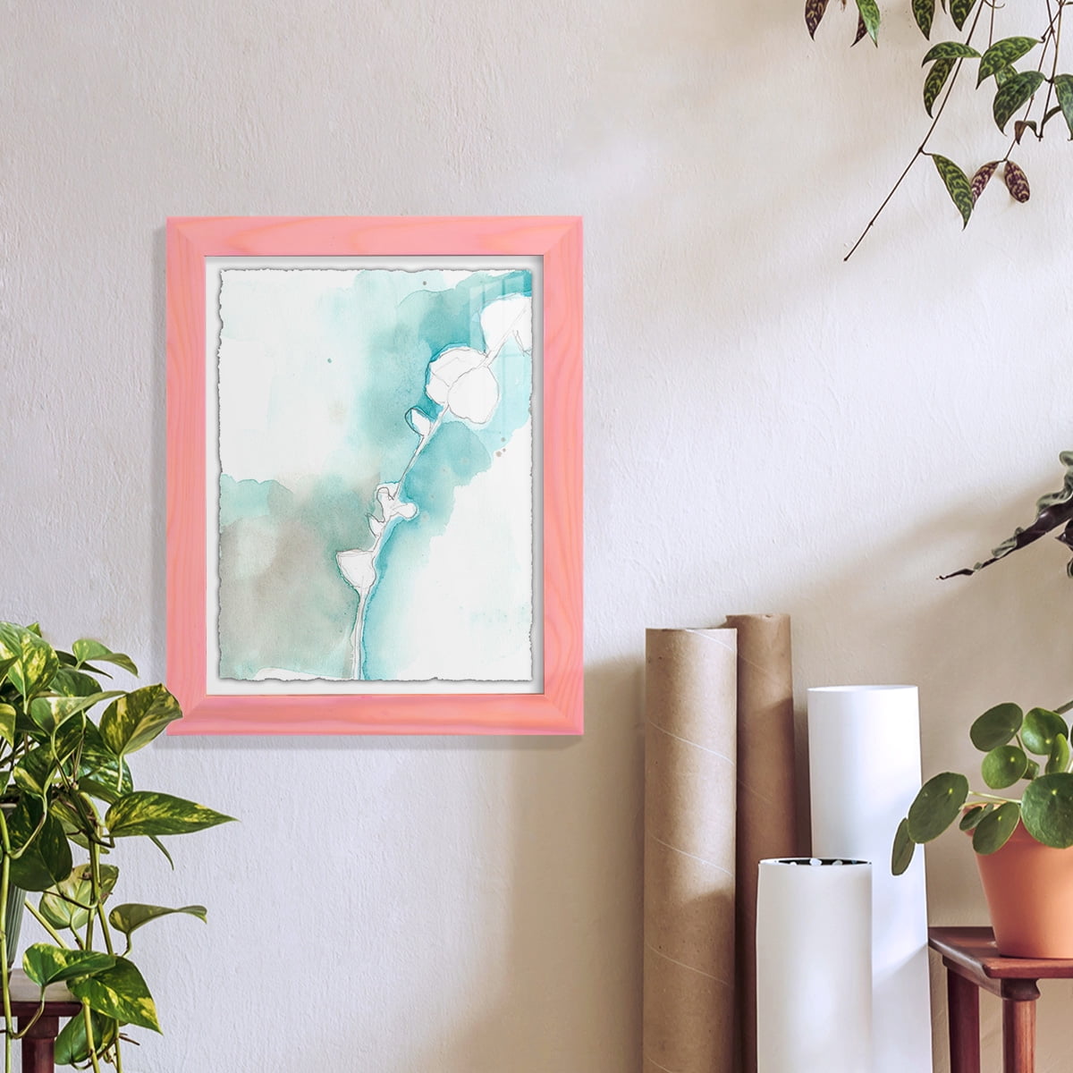 Ginkgo on Dusty Teal VII - Framed Print w/glass - Sunset Pink