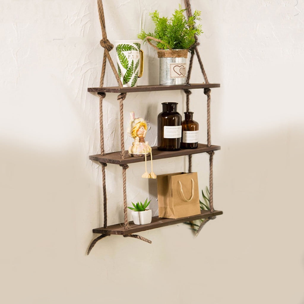 Wood Hanging Shelf Wall Swing Storage Shelves Jute Rope Organizer Rack