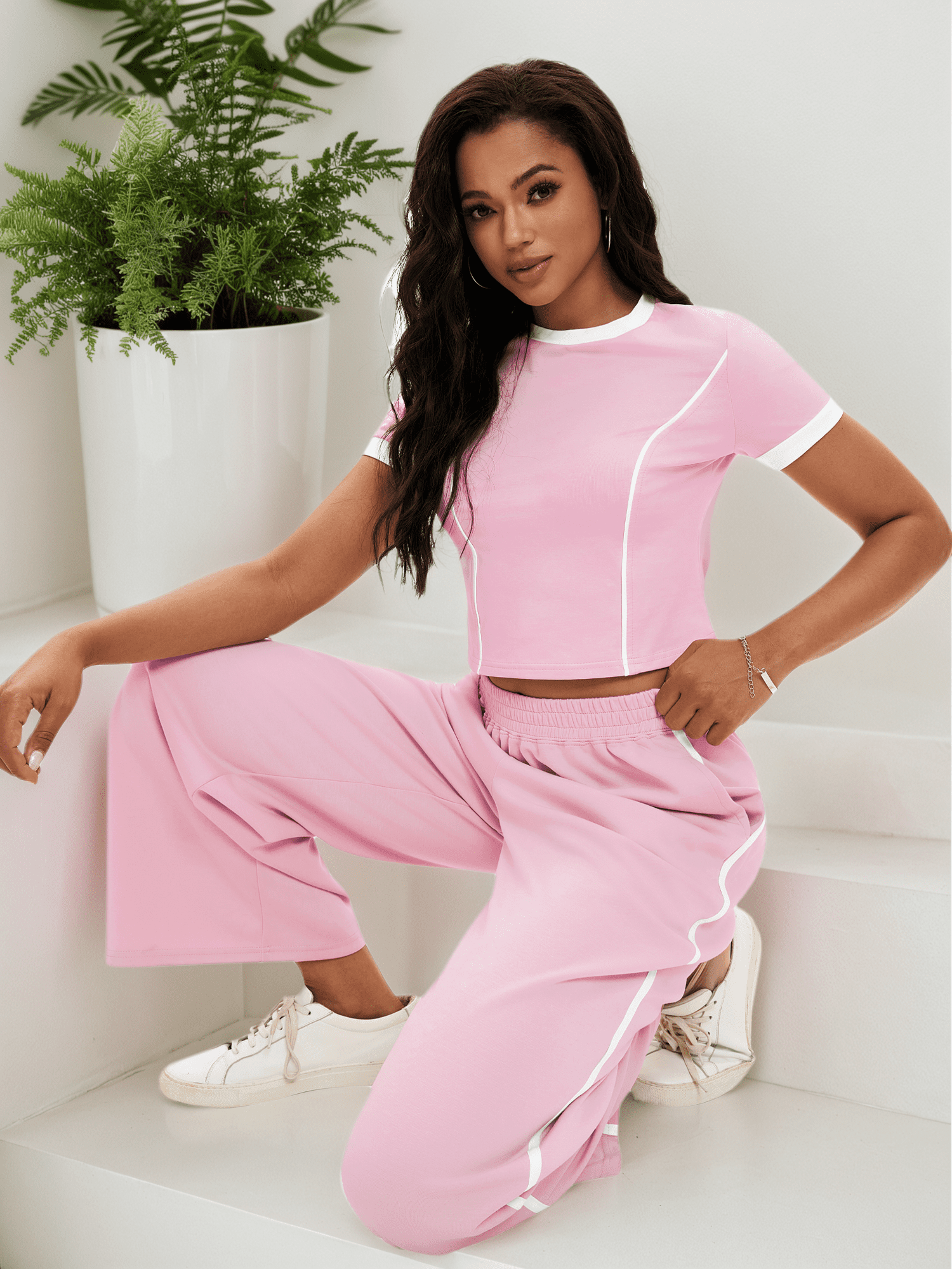 DARING DIVA Women 2 Pieces Set Crop Tops Wide Leg Pants Fall Outfits L Pink