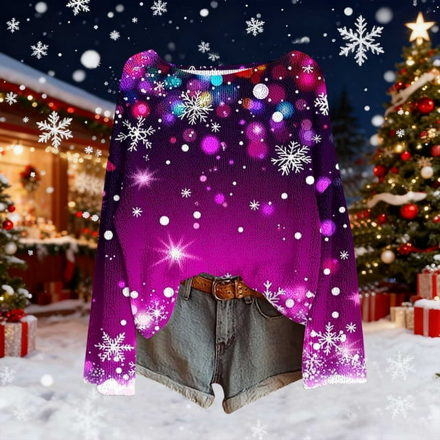 Fankiway Chandails à Manches Longues pour Femmes Chandail de Noël Imprimé Décontracté à Col Rond à Manches Longues Chandail Tricoté Haut Violet G