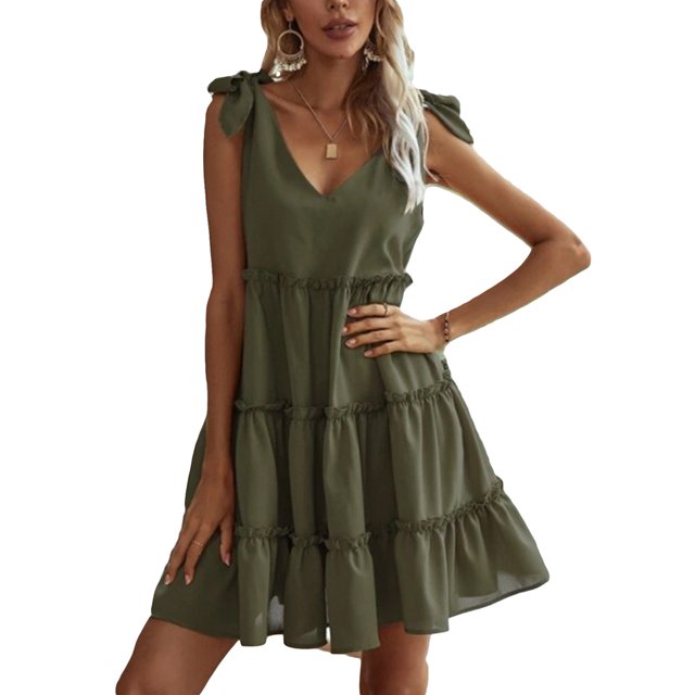 Txlixc, vestido informal de verano para mujer, vestido acampanado de Color sólido sin mangas con cuello en V y volantes, vestido plisado para fiesta en la playa, ropa de calle Txlixc Estilo de ocio