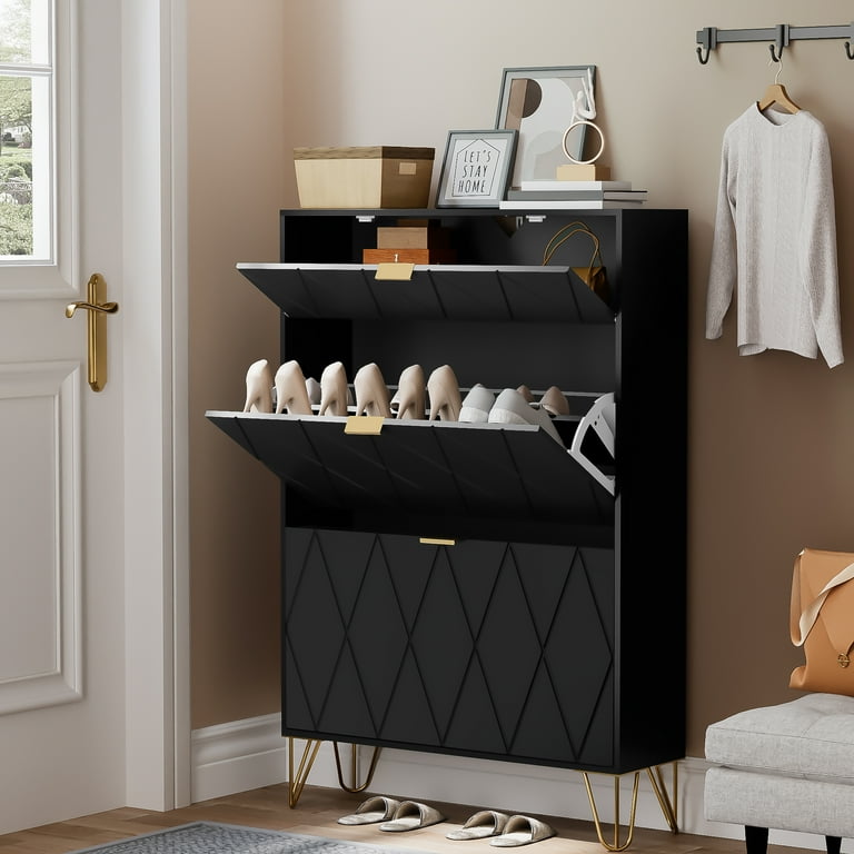 Eclife Flip Down Drawers Shoe Cabinet Entryway Furniture Black Narrow Slim 12 Pair 3 Tier Shoe Rack Storage Organizer for Adult Kids Heels Boots