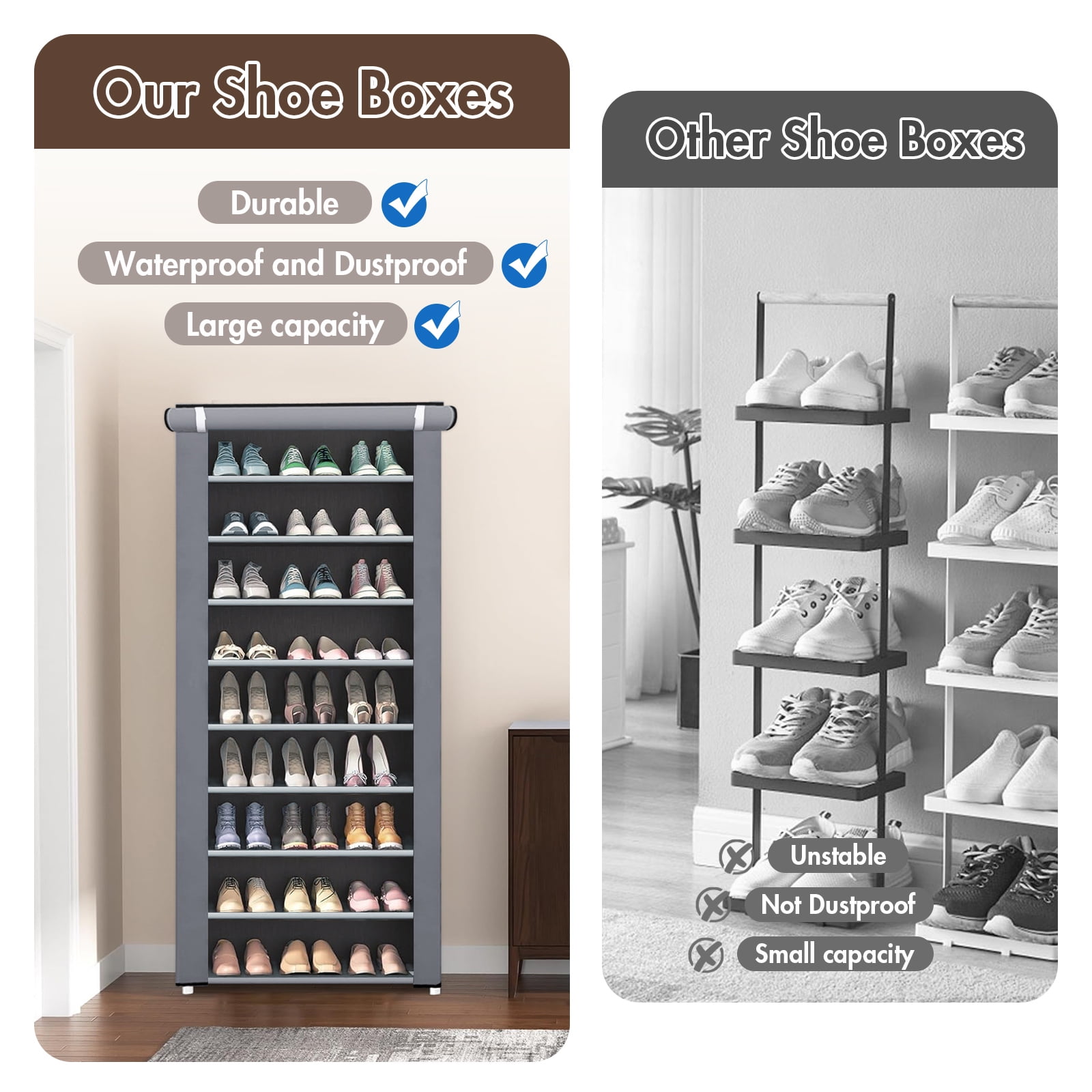BAOKALER 10-Tier Tall Shoe Rack Shelf, 27 Pairs Closet Shoe Organizer Storage with Cover, 9 Lattices, Silver Gray