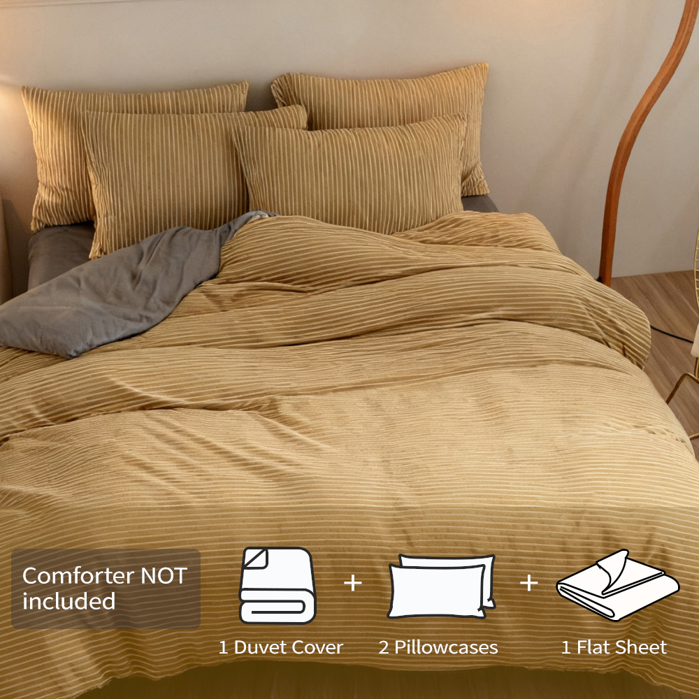 ANMINY 4-Piece Coral Fleece Duvet Cover Set (Comforter NOT Included), 150GSM Soft Warm Pinstripe Bedding with Hidden Zipper & Corner Ties, King, Gray-Backed