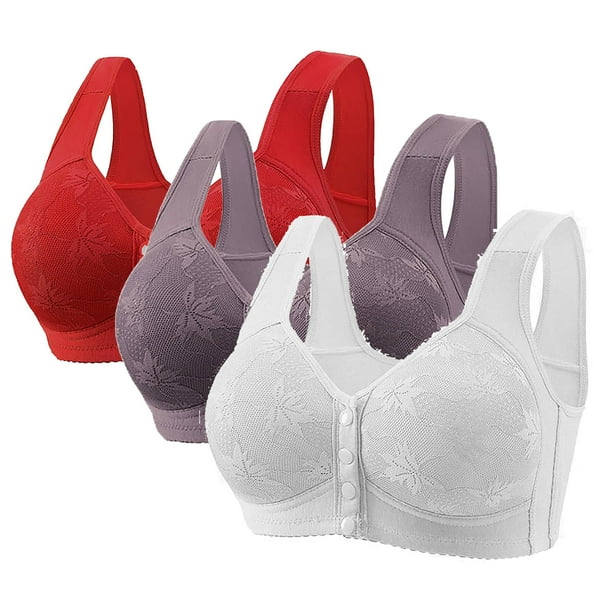 Karight 3 Pack Bras for Older Women Front Closure No Underwire Push up Bralettes Soft Floral Print Sleep Everyday Bra