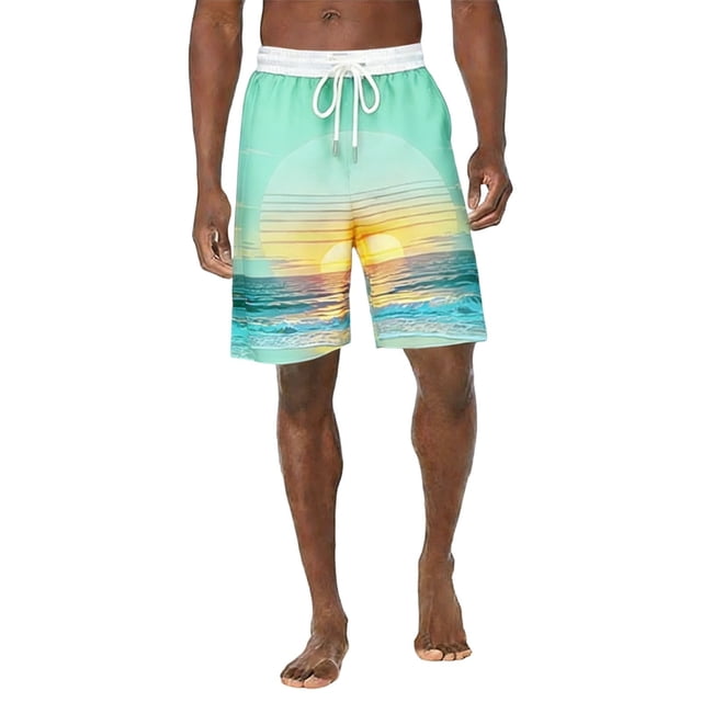 Los Pantalones Cortos de Cintura Elástica de los Hombres de Vacaciones Informales Imprimidos Pantalones de Baño, Pantalones de Playa con Cordón con Bolsillos Laterales