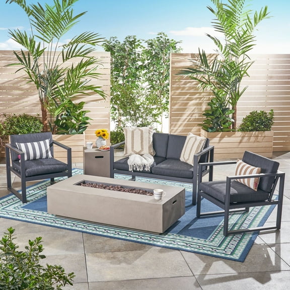 Noble House Quentin Outdoor 5 Piece Aluminum Chat Set with Fire Pit and Tank Holder, Dark Gray, Black, Light Gray