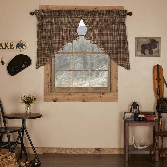 VHC Brands Prescott Plaid Cotton Rustic Kitchen Curtains Rod Pocket Drawstring Ties Bedding Accessory, Prairie Swag 36x36x18