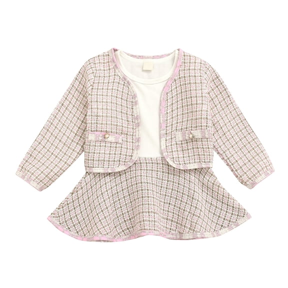 Odeerbi Girls Dresses Toddler Kids Baby Plaid Skirt Set 2025 Long Sleeve Jacket Coat Top Party Dresses Pink