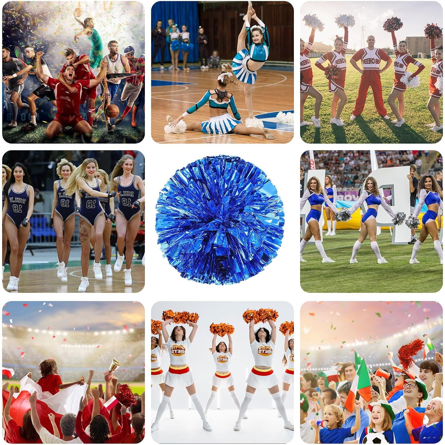 Cheerleader Pom Poms 12 Pack Sports Dance Cheering Plastic Metallic Cheerleading Pom Poms for Kids Adults-Ring Style